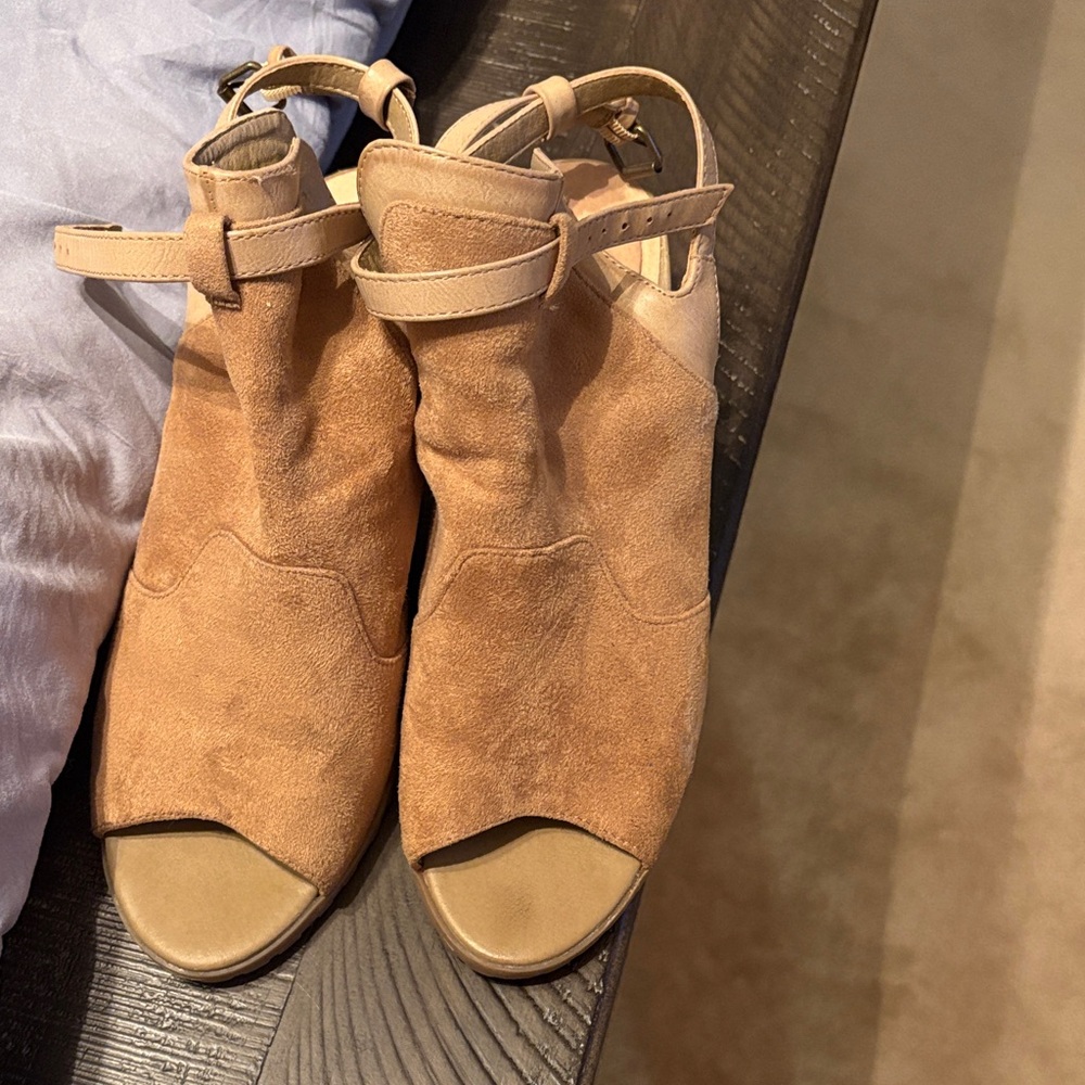 Madeline Tan Suede Peep-Toe Heels